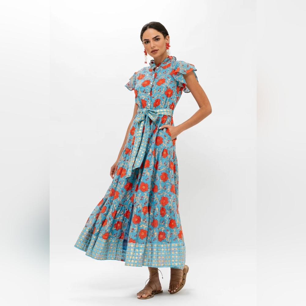$328 Nwt OLIPHANT RUFFLE COLLAR BUTTON MAXI DRESS - POPPY RED xs - Picture 4 of 5